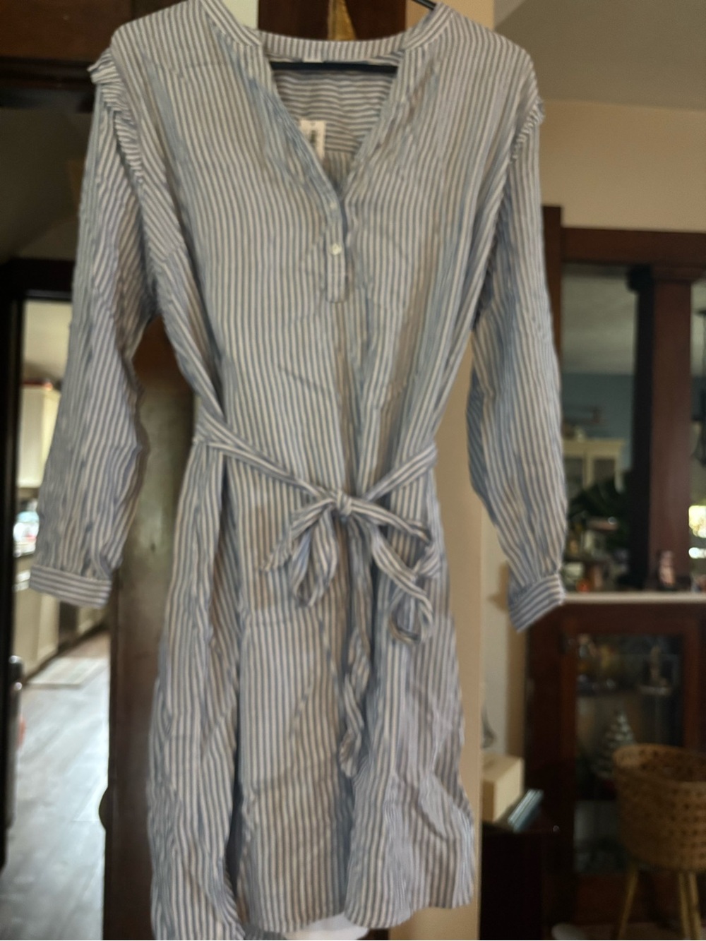 Old Navy Blue & White Striped Tie-Waist Long Sleeve Dress
